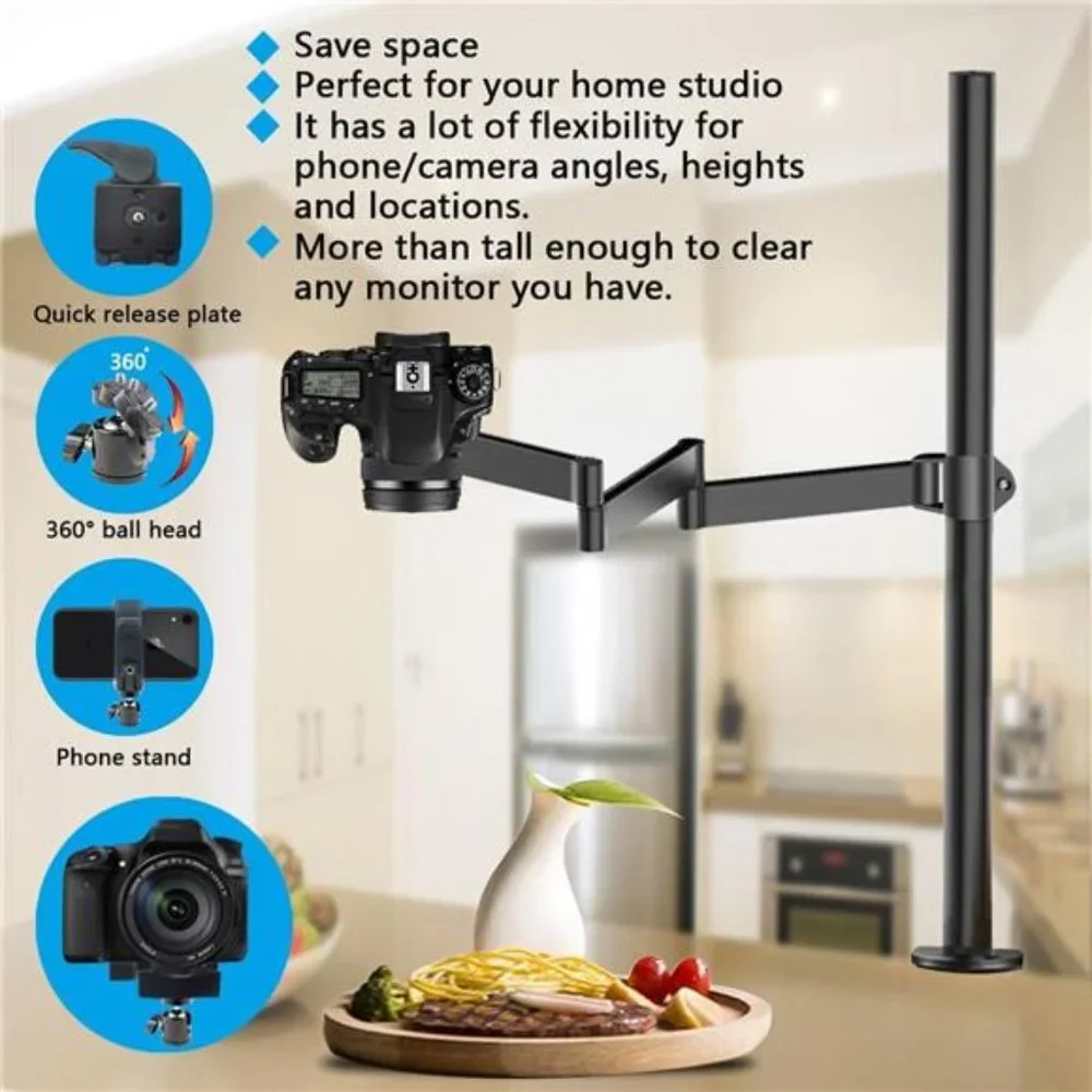 Heavy Desktop Overhead Camera Mount Rig Stand w/ Flexible Arm and 360° Ball Head